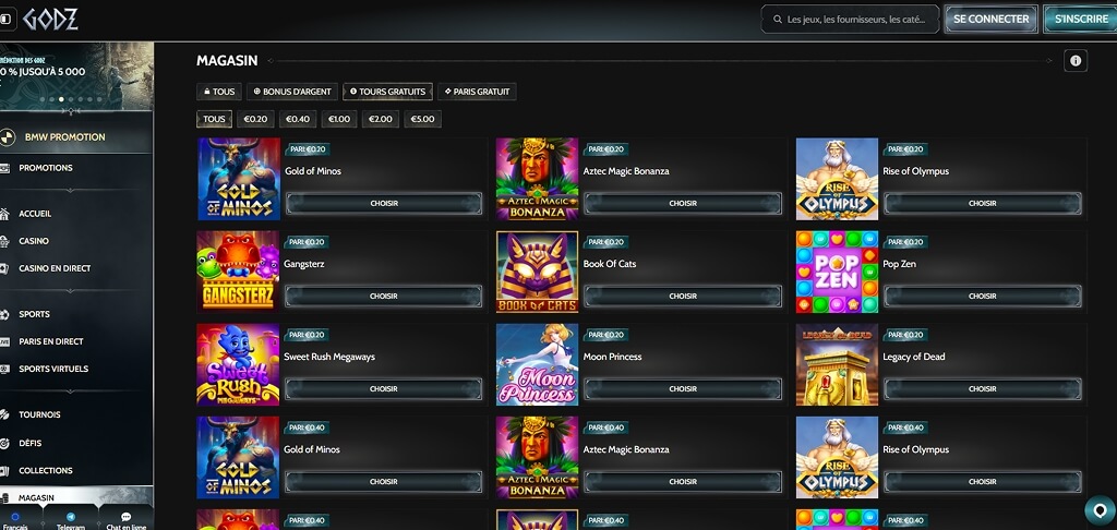 Boutique de bonus du casino Godz FR