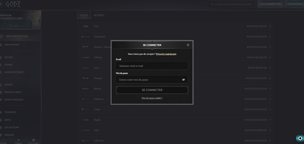 Connexion au casino Godz FR